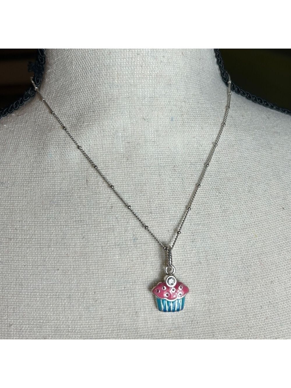 Brighton Petite Chain Necklace & Cupcake Charm Crystal Silver Plated Chain 18” - Picture 2 of 13